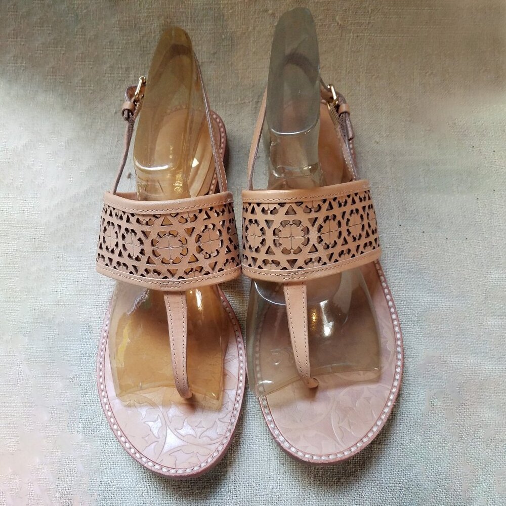 Kate Spade Laser-Cut Flat Thong Sandals~Tan Leather~Buckle Slingback~6.5 Wide